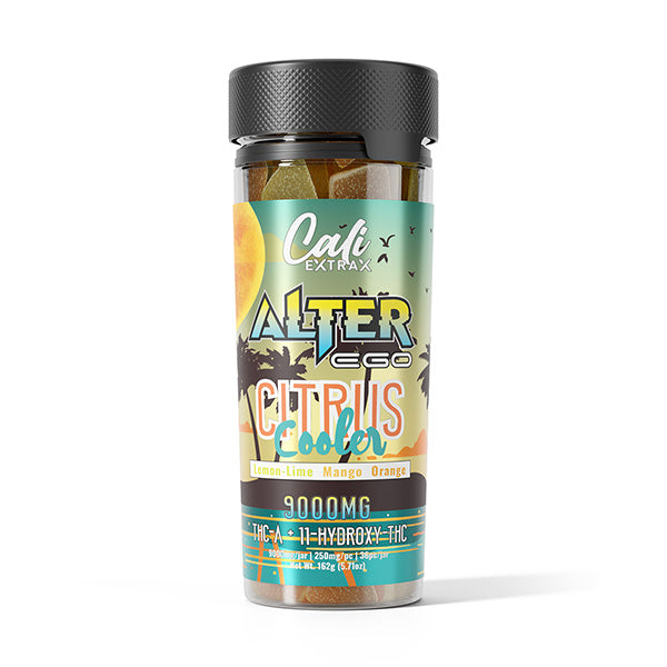 A cylindrical container labeled "Cali Extrax Alter Ego Gummies | 9000mg" with 9000mg of THC-A, ∆-11 Hydroxy, and THC. Contains lemon, lime, mango, and orange flavored gummies.