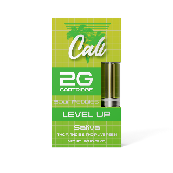 Packaging of Cali Extrax Level Up Blend Vape Cartridge | 2g with "Sour Pebbles" flavor, labeled "Level Up" and classified as Sativa. Contains THCA, THCB, Delta 8, and THC-P live resin. Net weight 2g (0.07 oz). Lime green design with a palm tree logo.