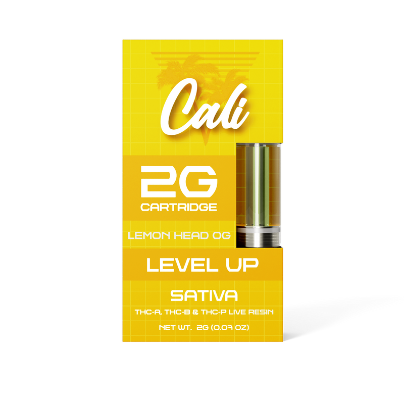 A yellow and white box of Cali Extrax Level Up 2G Cartridge "Lemon Head OG" Sativa labeled with "Cali Extrax," THC-A, and Delta 8 details. Net Weight 2G (0.07 OZ).