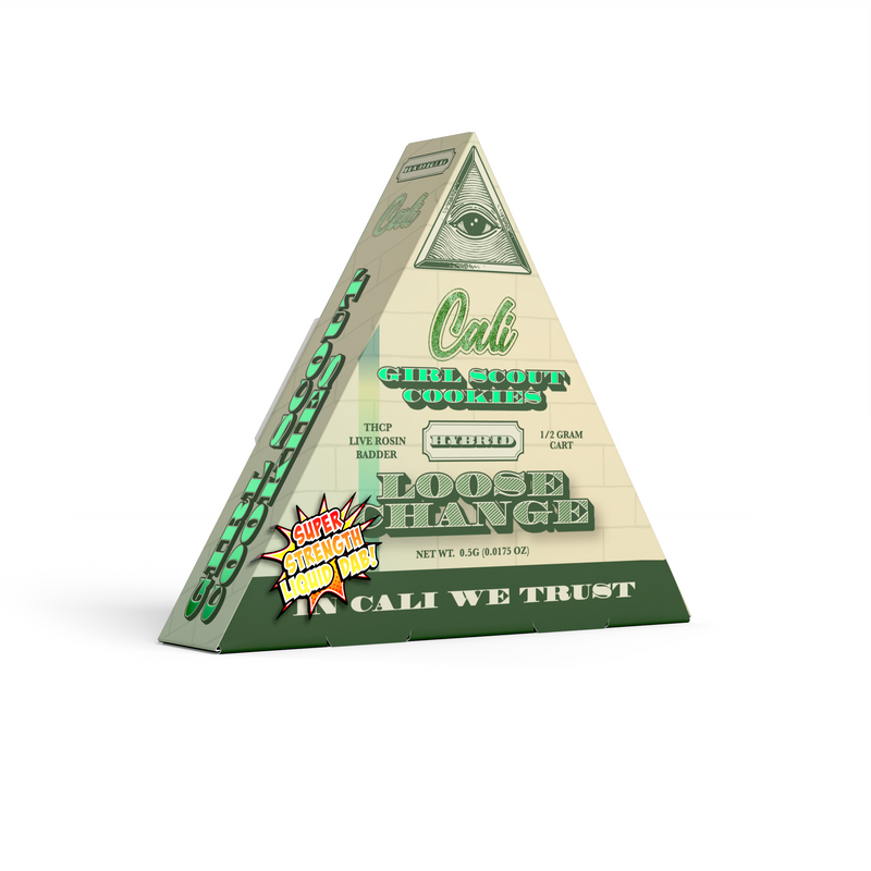 A triangular box labeled "Cali Extrax Loose Change Cartridges | 0.5g" features graphics resembling a dollar bill and text about Delta 8 cannabis product details.