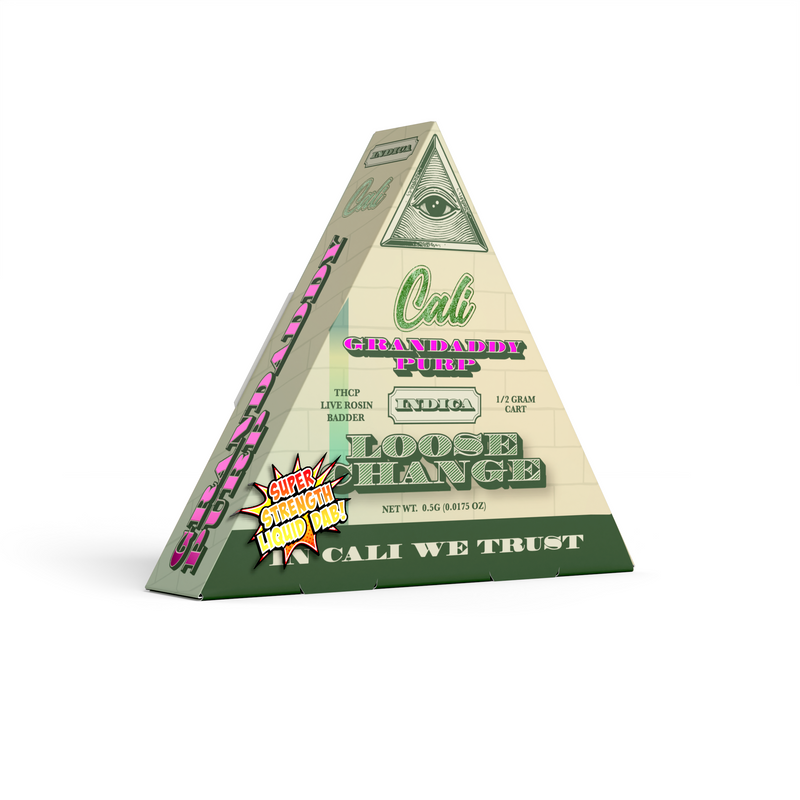 A triangular pyramid-shaped cannabis product package labeled "Cali Extrax Loose Change Cartridges | 0.5g," with highlighted text "Cali Granddaddy Purp" and "Super Smooth Load Dab!" on a dollar bill design, now featuring potent Delta 8 vape cartridges.