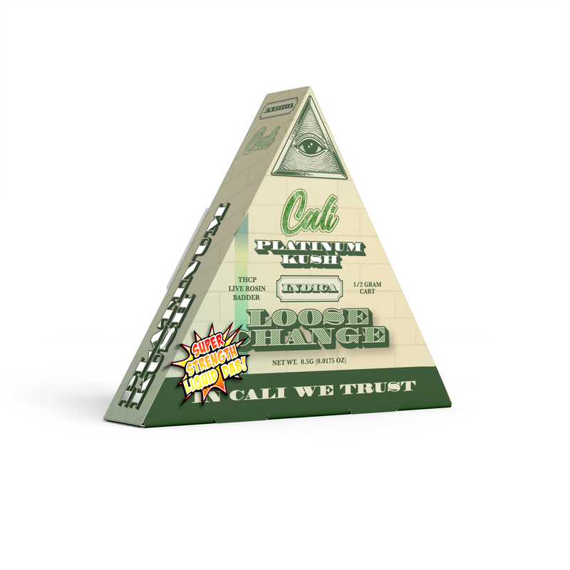 A triangular cannabis packaging with the words "Cali Extrax Cali Extrax Loose Change Cartridges | 0.5g" on the front and "THC: BHO" above an image resembling a U.S. dollar bill. A label reads "Super Sweet Got Loaded Dank." Now featuring Delta 8 for an enhanced experience.