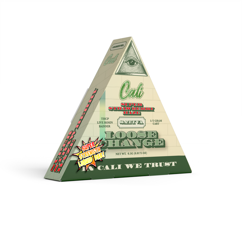 Triangular green and white packaging labeled "Cali Extrax Loose Change Cartridges | 0.5g," displaying a pyramid with an eye, and text "Super Smell Proof Loaded Bag" on the side. Enhanced with Delta 8 Live Resin for an elevated experience.