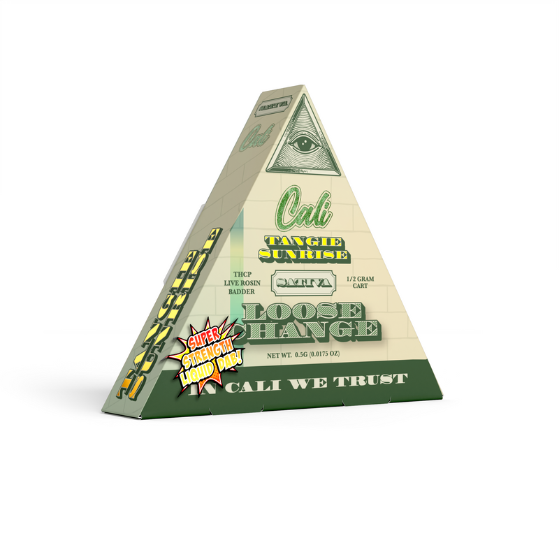 The pyramid-shaped package labeled "Cali Extrax Loose Change Cartridges | 0.5g" features multiple cannabis product details, including Delta 8 Live Resin, and the slogan "Cali We Trust" at the base.