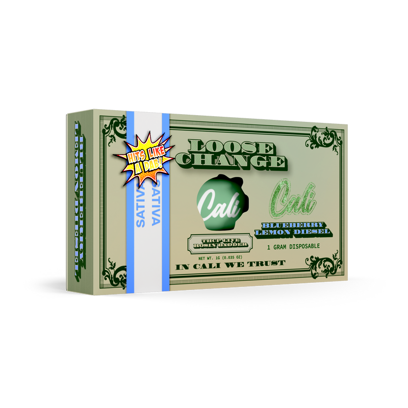 Packaging of "Cali Extrax Loose Change Disposables | 1g" with "Blueberry Lemon Diesel" flavor by Cali Extrax. The box features a dollar bill design, a tag that reads "Hits Like A Truck!", and contains Delta 8 disposables with THCP for an elevated experience.