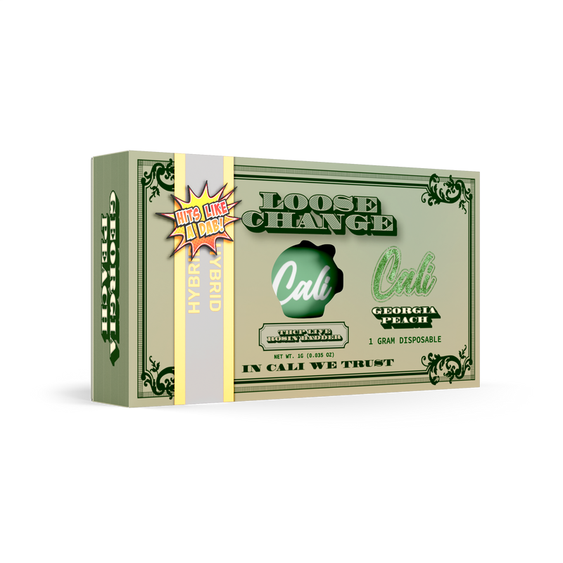 A product box labeled "Cali Extrax Loose Change Disposables | 1g" featuring "Hybrid," "Georgia Peach," and "Cali Extrax" branding, with text "1 gram THCP disposable" and "In Cali We Trust" on a bill-like green design.