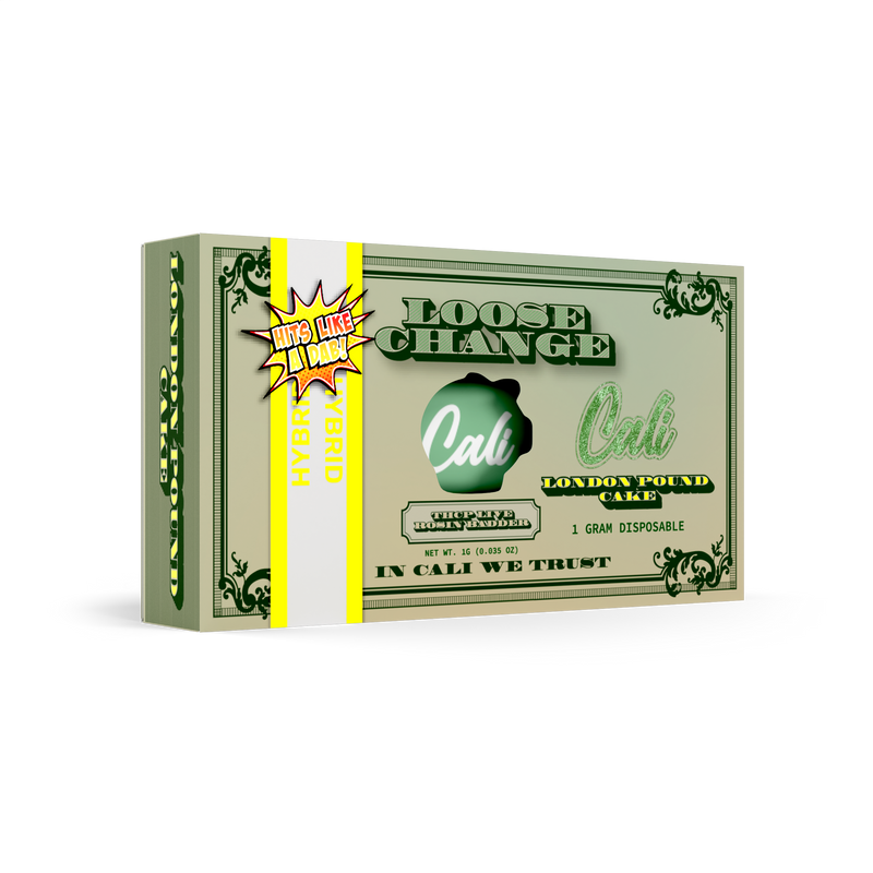 Image of a green and yellow cannabis product box labeled "Cali Extrax Loose Change Disposables | 1g" with a design resembling currency. The packaging indicates it is a 1 gram THCP hybrid product, part of the Delta 8 disposables collection by Cali Extrax.