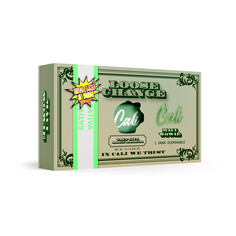 A green and white box with the text "Cali Extrax Loose Change Disposables | 1g" and "Cali Extrax" displayed prominently. The box appears to be designed like currency, promoting a product labeled "1 Gram Delta 8 Disposables.