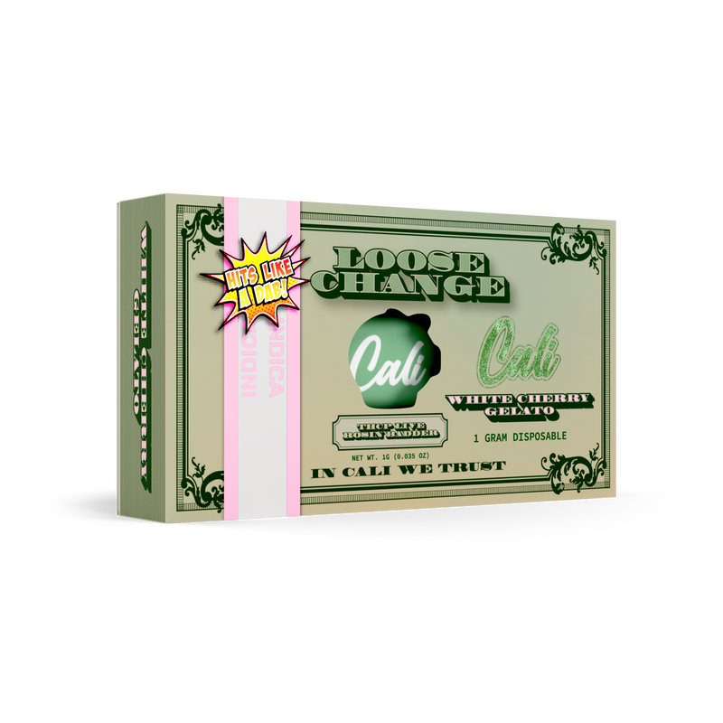 Image of a green box labeled "Cali Extrax Loose Change Disposables | 1g" featuring White Cherry Gelato flavor, 1 gram disposable. The box, adorned with a dollar bill design and a sticker saying "Hits Like a Truck!" on the left side, highlights Cali Extrax's Delta 8 disposables for an unforgettable experience.