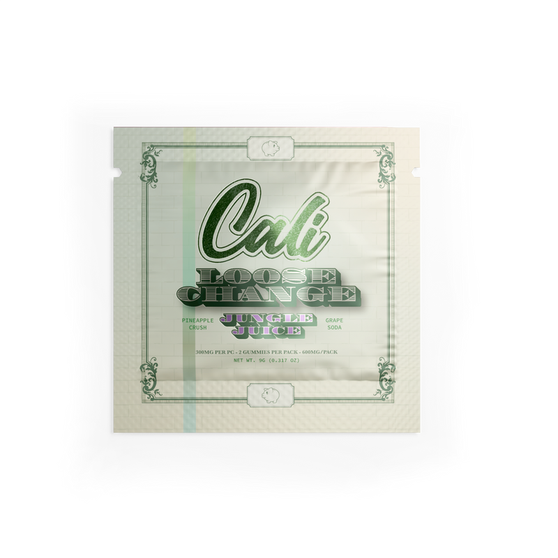 Image of a package labeled "Cali Extrax Loose Change Gummies | 2ct," featuring flavors like Pineapple Crush, Grape, and Soda. The design boasts green text and decorative elements, hinting at its 600mg THC potency from Cali Extrax.