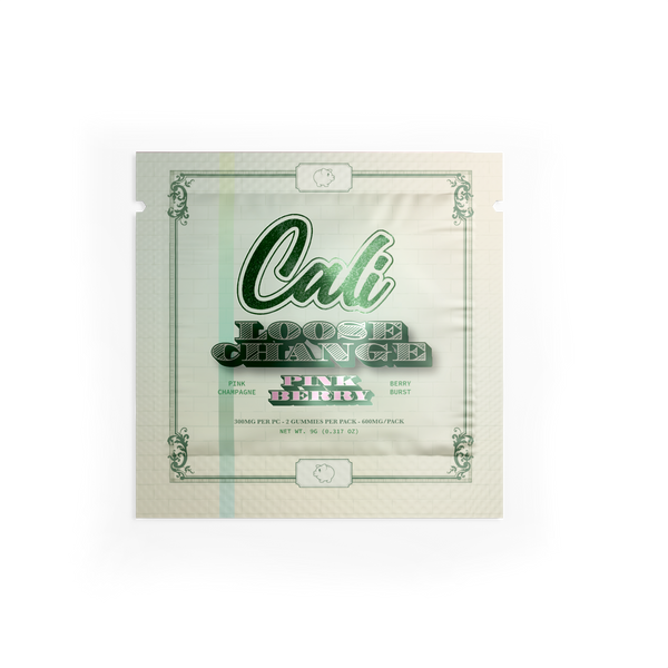 An image of a product package labeled "Cali Extrax Loose Change Gummies | 2ct" with decorative text and designs. The packaging, predominantly white and green, flaunts the inclusion of Cali Extrax Gummies boasting 600mg THC.