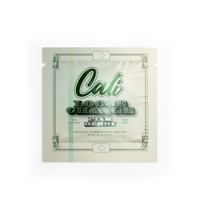 An image of a product package labeled "Cali Extrax Loose Change Gummies | 2ct" with decorative text and designs. The packaging, predominantly white and green, flaunts the inclusion of Cali Extrax Gummies boasting 600mg THC.