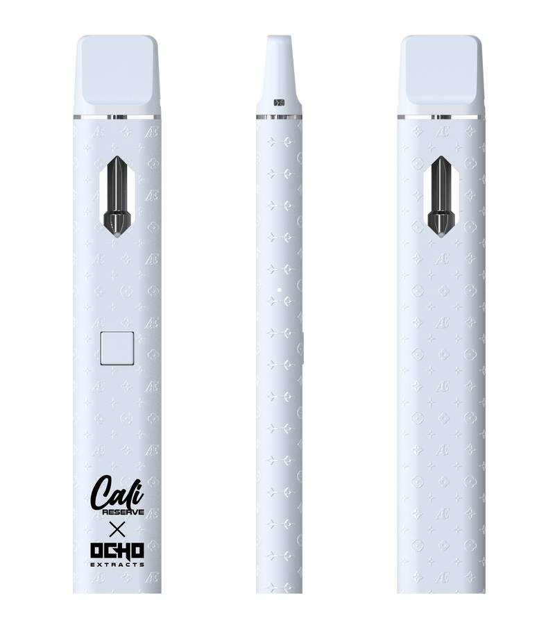 White vape pen with a textured exterior, showing three views: front, side, and back. Branded with "Cali Extrax" on the front, this device features Cali Extrax Alter Ego Disposable | 3.5g Live Resin for an elevated experience.