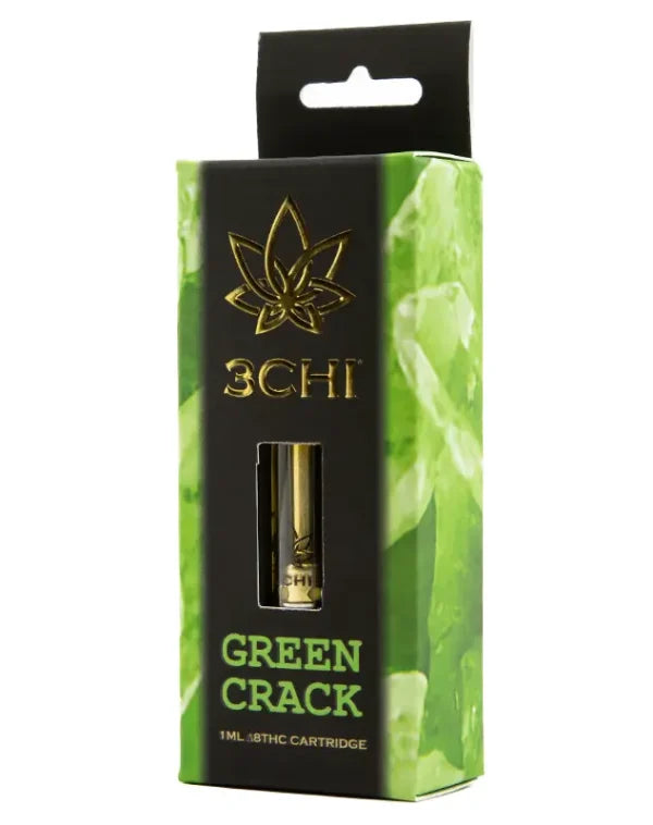 A box labeled "3Chi Delta 8 Vape Cartridges | 1g" containing a 1mL Delta 8 THC vape cartridge with a green and black design.