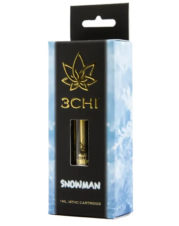 A box of 3Chi Delta 8 Vape Cartridges | 1g with a marijuana leaf logo, containing 1 milliliter of THC oil.