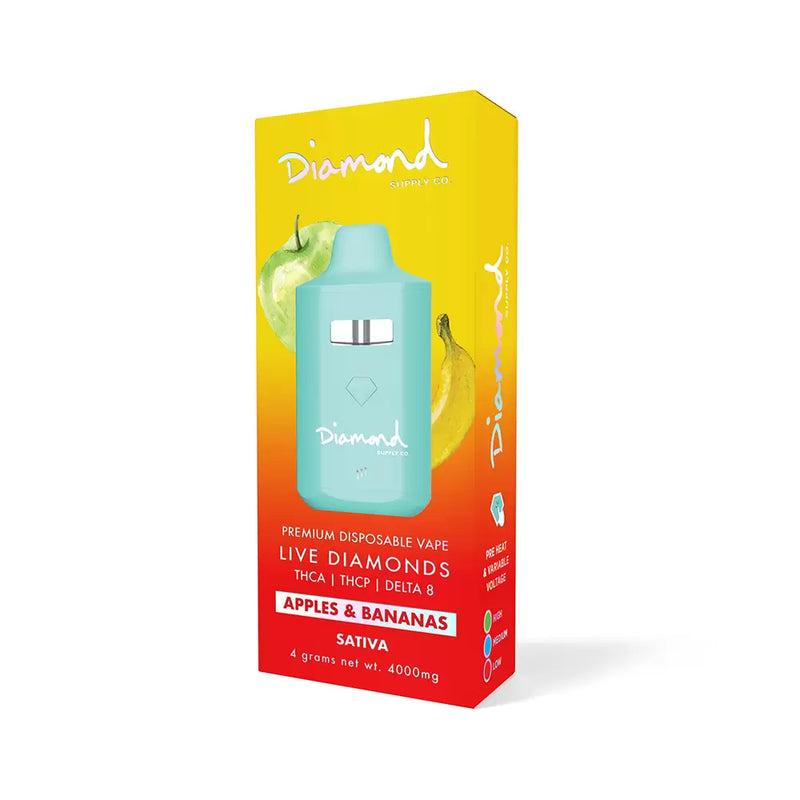 Image of an Urb x Diamond Supply Co. Live Diamonds Disposable vape from Urb. The packaging features a vibrant yellow and red design with images of green apples and bananas. This Hemp-Derived Delta 8 THC vape flavor is Apples & Bananas, and it contains 4 grams.