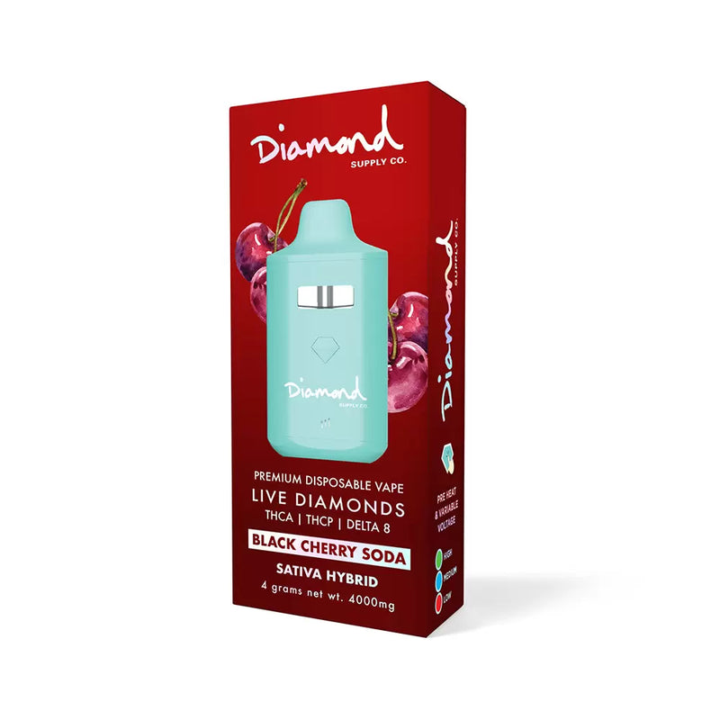 A rectangular red box showcasing a teal-colored disposable vape device branded with "Urb x Diamond Supply Co." The label reads "Live Diamonds," "Black Cherry Soda," and "Sativa Hybrid," containing 4 grams of hemp-derived Delta 8 THC.