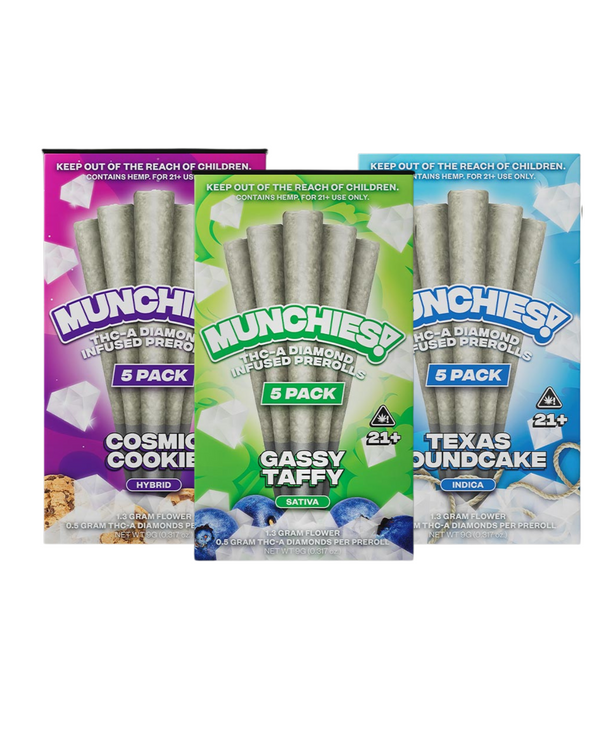 Image of three varieties of Delta Munchies THC-A Diamond Infused Prerolls | 5pk featuring premium quality American hemp. Choose from Cosmic Cookies (purple), Gassy Taffy (green), and Texas Poundcake (blue). All packages are five-packs and marked for 21+.