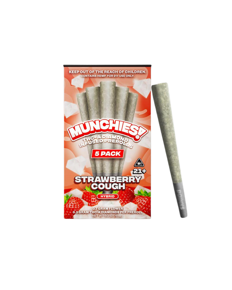 Image of Delta Munchies THC-A Diamond Infused Prerolls | 5pk with "Strawberry Cough" flavor. The packaging shows it contains five prerolls, is intended for adults 21 years and older, and has a "Hybrid" label.