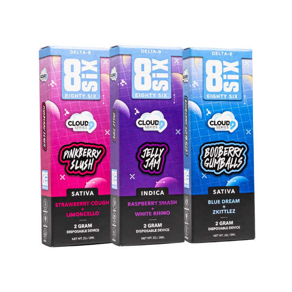 Three boxes of Eighty Six Brand Delta 9 Disposables | 2g from Eighty Six Brand, labeled Pinkberry Slush, Jelly Jam, and Boo Berry Gumballs in different colors with strain types and flavor details.