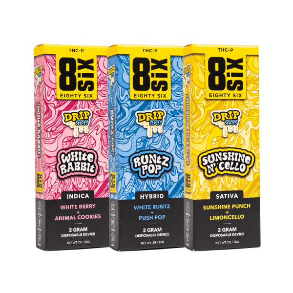 Three colorful boxes of Eighty Six Brand THC-P Disposables | 2g from the "Drip Series" by Eighty Six Brand. Flavors include White Rabbit (Indica), Runtz Pop (Hybrid), and Sunshine Cello (Sativa). Each 2 grams of premium THC-P distillate.