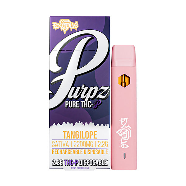 A pink disposable vape device labeled "Exodus Purpz THCP Disposable | 2.2g" with tangilope flavor beside its packaging. The package states it contains 2200mg, is rechargeable, and is a sativa strain. Also compatible with CB9A extracts for an enhanced experience.