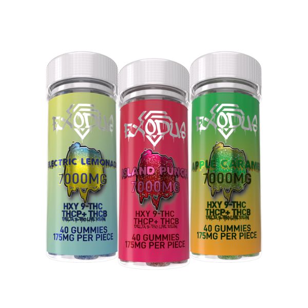 Three bottles of Exodus THC-P & HXY-9 THC Gummies labeled "Exodus," featuring flavors like Electric Lemonade, Island Punch, and Apple Caramel. Each bottle contains 7000mg total with each piece holding 175mg of THC compounds (HXY9-THC, THCP, THCB).