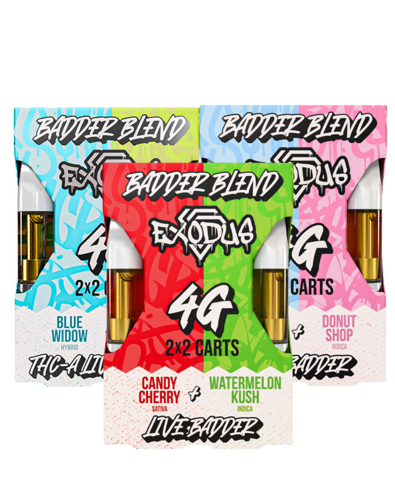 Three boxes of Exodus THCA Badder Blend Cartridges, each containing 4 grams, showcase flavors such as Blue Widow, Candy Cherry, Donut Shop, and Watermelon Kush with THC highlighted on the packaging.