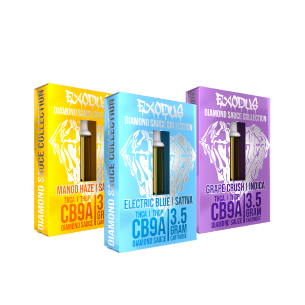 Three boxes of Exodus Exodus Diamond Sauce Collection Cartridge | 3.5g feature Mango Haze (Sativa), Electric Blue (Sativa), and Grape Crush (Indica) flavors, each containing 1 gram of premium THCA extracts.