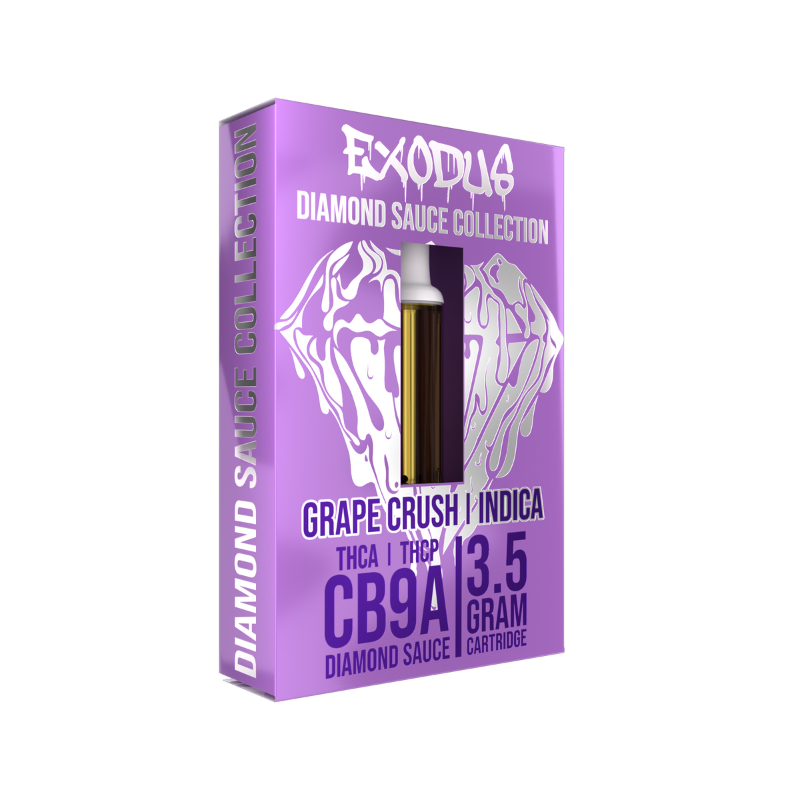 Image of a product box labeled "Exodus Diamond Sauce Collection Cartridge | 3.5g" by Exodus containing a 3.5 gram cartridge of "Grape Crush Indica." The box prominently features THCA extracts and THCP, showcasing the premium quality typical of Exodus cartridges, and displays "CB9A.