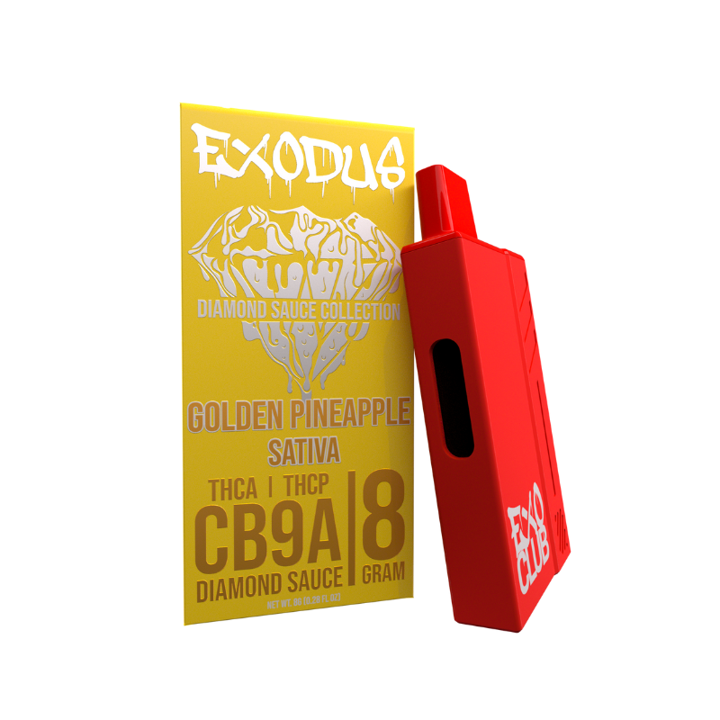 Image of a package labeled "Exodus Diamond Sauce Disposable | 8g" with a sub-label showing "THCA, THCP, CB9A." There is also a red, rectangular vape device featuring USB-C charging and leaning against the package.