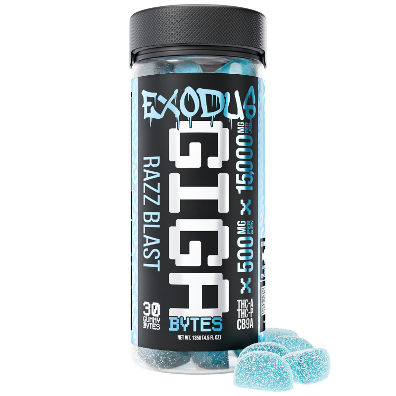 A container labeled "Exodus Gigabytes Gummies | 15000mg," showing 15000mg total THC-P, THC-A, and CBN, with 30 gummy pieces. Next to the container are two blue gummies coated with sugar.