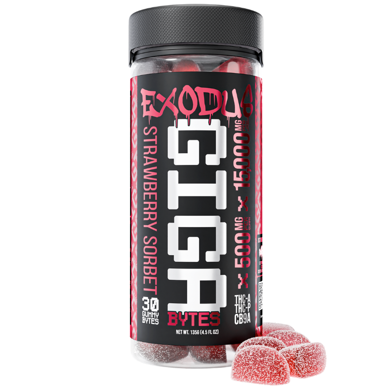 A cylindrical container labeled "Exodus Gigabytes Gummies | 15000mg" from the brand Exodus contains 30 gummy bytes and 15,000mg per jar. The container includes THC-A, THC-P, and CBGa. Three gummies are displayed beside the jar.