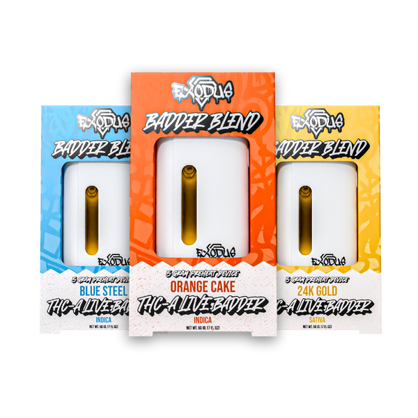 Three vape cartridge boxes labeled "Exodus THCA Live Resin Disposable | 5g" in blue, orange, and yellow colors. Each box features the name of the flavor and strain: "Blue Steel" (Indica), "Orange Cake" (Indica), and "24K Gold" (Sativa). These premium options pair perfectly with our THC-A Live Badder for an enhanced experience.