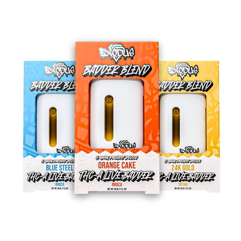 Three vape cartridge boxes labeled "Exodus THCA Live Resin Disposable | 5g" in blue, orange, and yellow colors. Each box features the name of the flavor and strain: "Blue Steel" (Indica), "Orange Cake" (Indica), and "24K Gold" (Sativa). These premium options pair perfectly with our THC-A Live Badder for an enhanced experience.