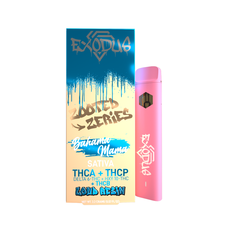 Image of a vape pen package branded Exodus. The label reads "Exodus Zooted THCA Disposable | 2.2g" and lists ingredients including Delta 6-THC, HXY 10-THC, and THCB. This disposable vape pen highlights "liquid resin" and "sativa" strain, showcasing premium cannabinoids for an elevated experience.