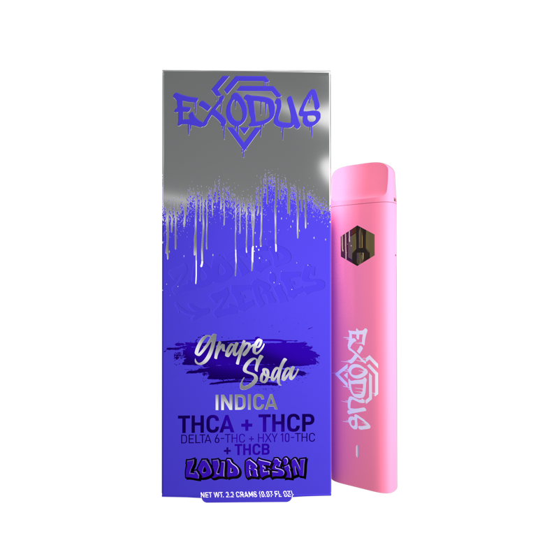 Image of a pink disposable vape pen next to its packaging. The packaging has "Exodus" branding and details about the vape's contents like "Grape Soda," "Indica," and premium cannabinoids including Delta 6 THC. The product is named Exodus Zooted THCA Disposable | 2.2g by Exodus.