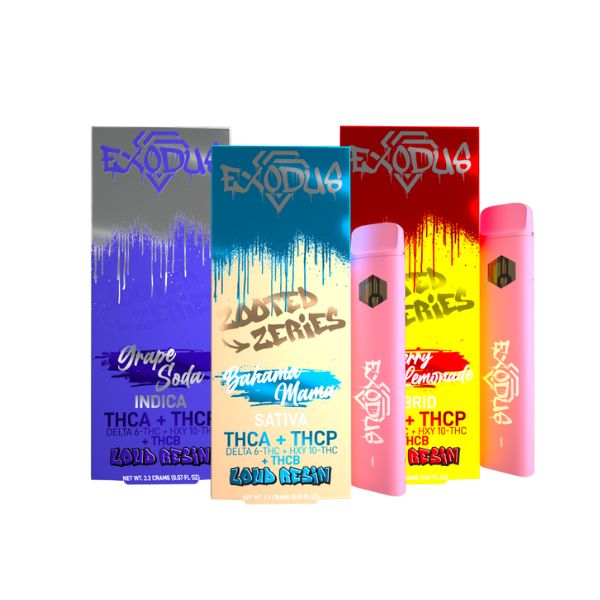 Three boxes of Exodus Zooted THCA Disposable | 2.2g featuring premium cannabinoids in different flavors and a pink disposable vape pen. The flavors include Grape Soda Indica, Bahama Mama Sativa, and Cherry Lemonade Hybrid, all infused with Delta 6 THC.