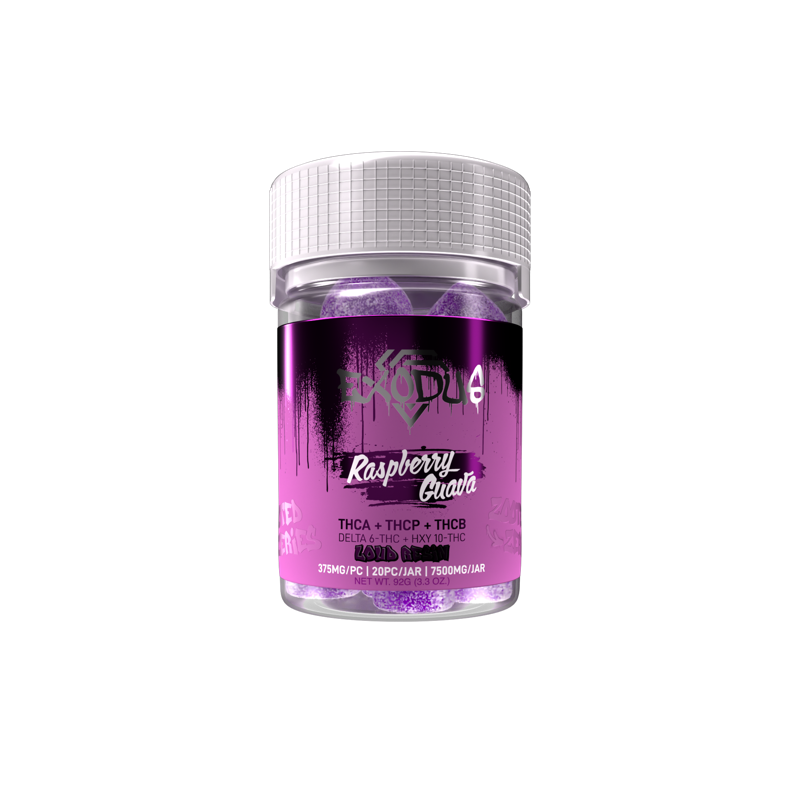 A clear plastic jar with a white lid containing Exodus Zooted Zeries Gummies (7500mg) in purple Raspberry Guava flavor, featuring various cannabinoids such as THCA, THCP, THCB, Delta-9-THC, and HHC-P.