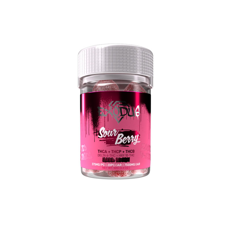 A plastic jar of Exodus Zooted Zeries Gummies, labeled "Sour Berry" and featuring a pink and black design. The jar contains 7500mg of gummies with various cannabinoids, including hemp-derived THC, THCA, THCP, and THCB. It has a white screw cap.