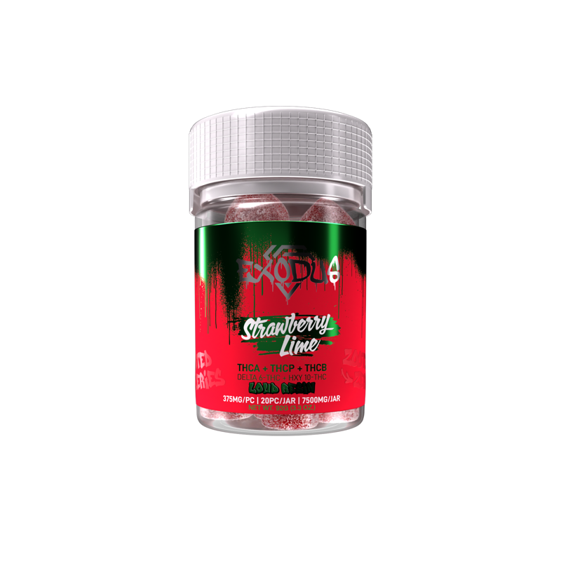 A jar of Exodus Zooted Zeries Gummies labeled "strawberry lime" with hemp-derived THC and THC variants. The jar, adorned in striking red and green colors, showcases the premium quality of this 7500mg offering from Exodus.