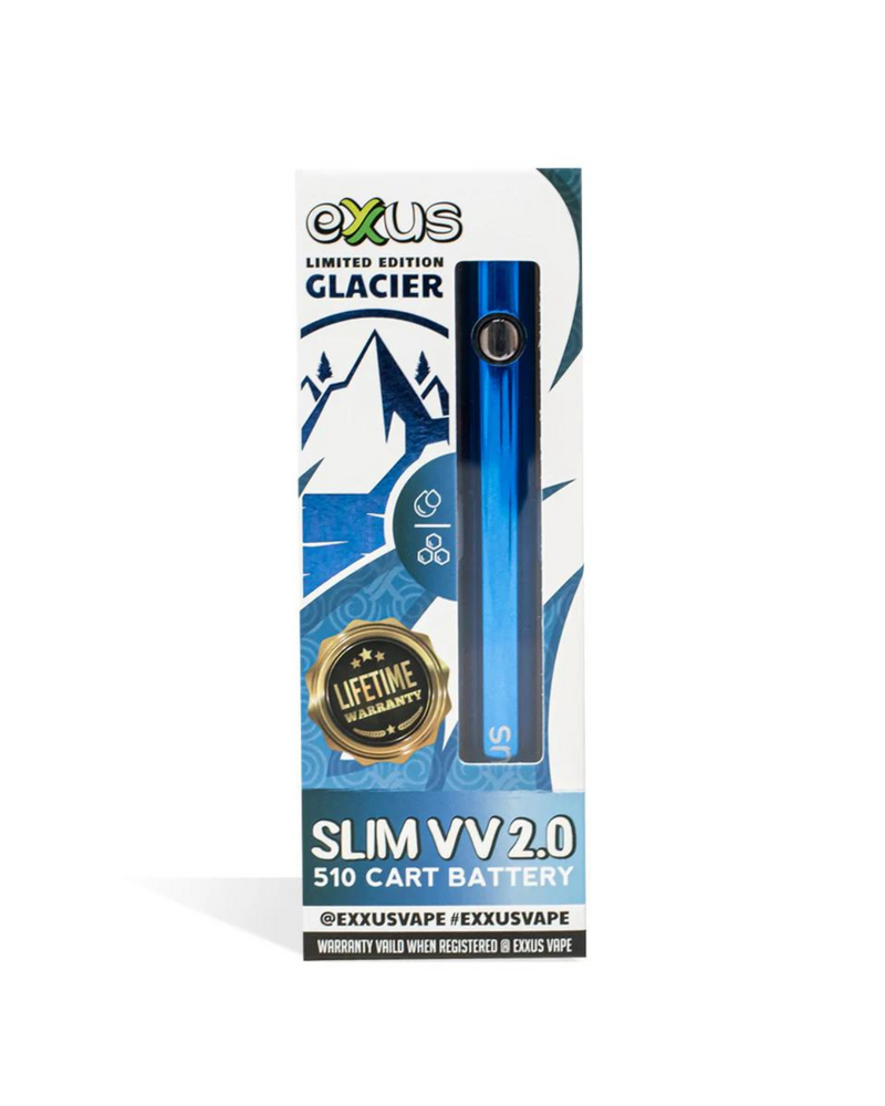 A blue Exxuss Battery Vape Cartridge in glacier-themed packaging. Labels include "Limited Edition," "Lifetime Warranty," and "500mAh." This 510-threaded vaporizer is perfect for all your needs. Follow us on social media @EXXUSVAPE