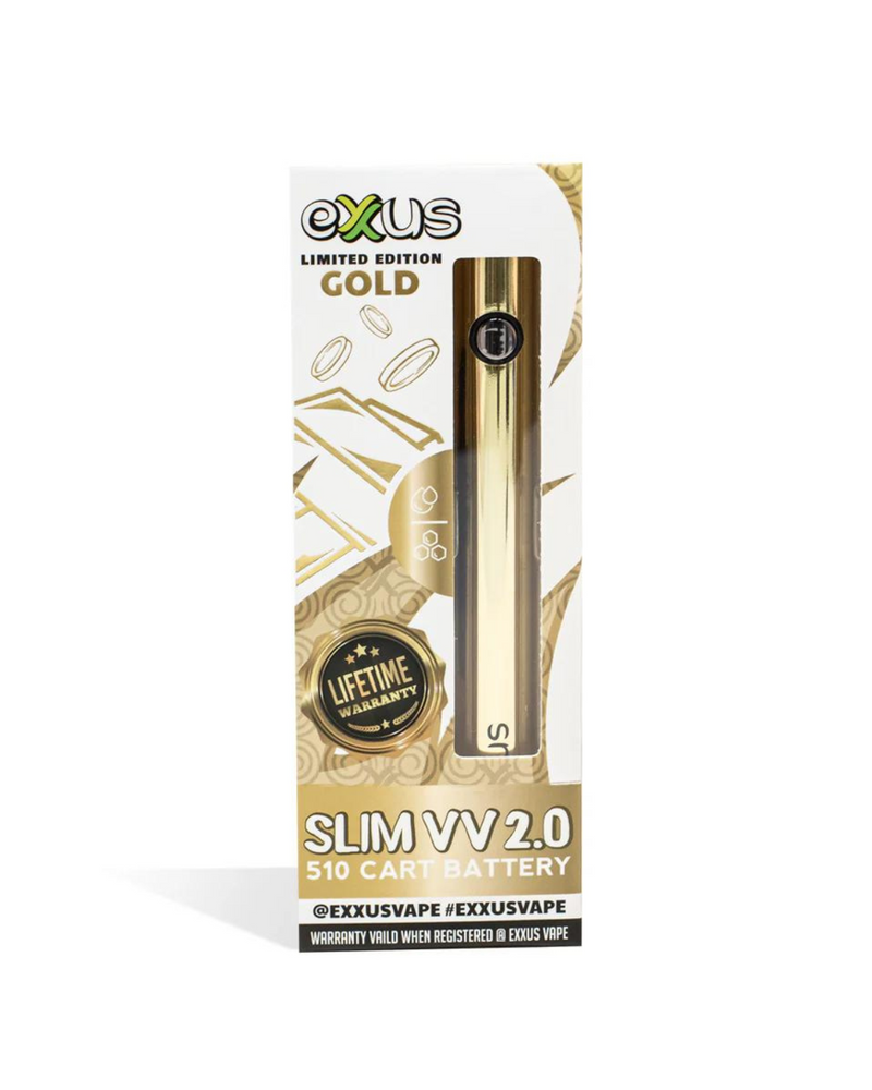 Exxus Exxuss Battery Vape Cartridge limited edition gold 510-threaded vaporizer in packaging, featuring a warranty seal and