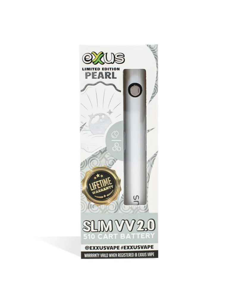 A white Exxus Exxuss Battery Vape Cartridge 510-threaded vaporizer cartridge battery in a box with "Limited Edition Pearl" label, warranty information, and a "LIFETIME WARRANTY" emblem.