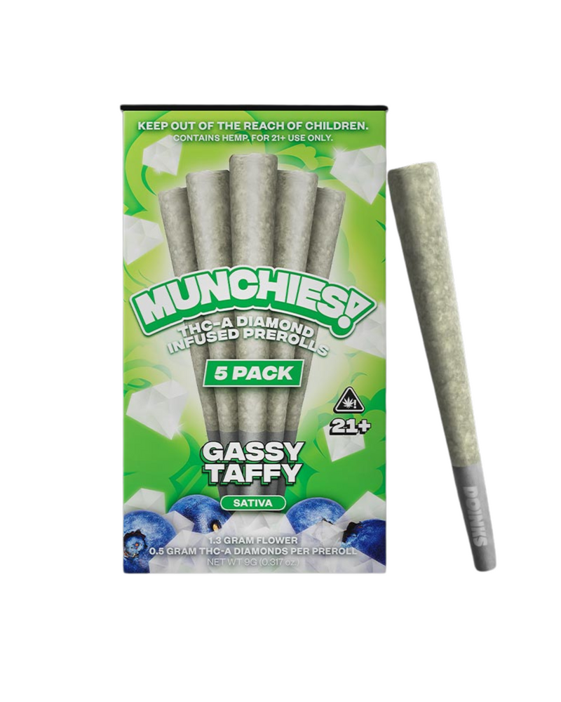 A package of **Delta Munchies THC-A Diamond Infused Prerolls | 5pk** in "Gassy Taffy" flavor with an image of blueberries on the box. The premium quality American hemp package is labeled as a 5 pack and for use by individuals 21 and older.