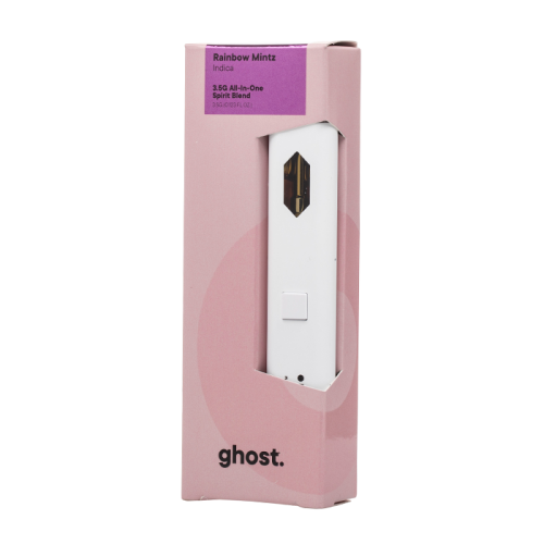 White e-cigarette device in pink retail packaging labeled "Ghost Spirit Blend Disposable | 3.5g" with text "3.5G All-In-One" and "Ghost" printed at the bottom.