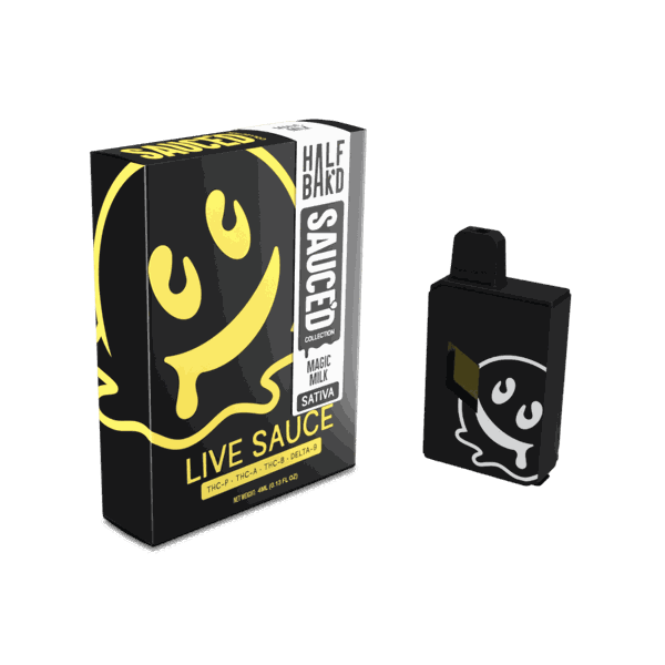 A box and vape device from the Half Bak'd Collection with "Half Bak'd Live Resin Sauced Disposable | 4g" branding featuring a yellow dripping smiley face. The packaging mentions it is a "Magic Melon Sativa" variant, crafted with premium THC-A live resin for an exceptional experience.