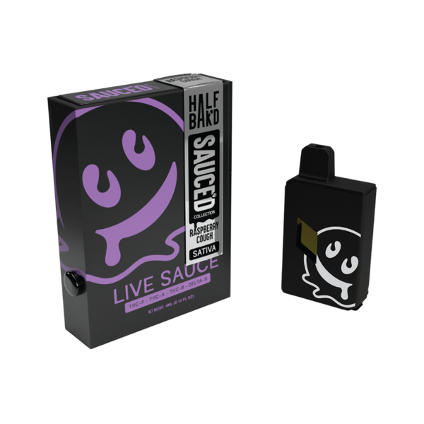 Black box with purple smiley face design labeled "Half Bak'd Collection" and "Half Bak'd Live Resin Sauced Disposable | 4g Raspberry Cough Sativa" next to a matching black disposable vape cartridge featuring the same smiley face logo and containing THC-A live resin.