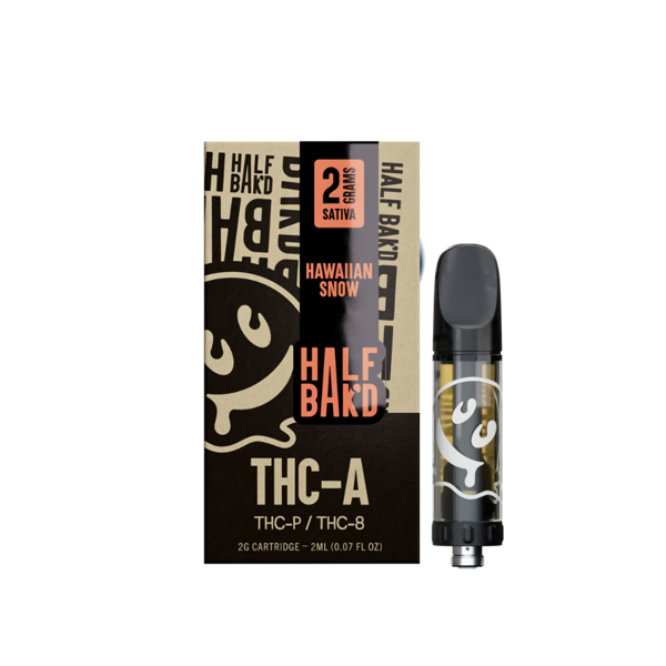 A box and cartridge of Half Bak'd THC-A Cartridge | 2g vaping product, labeled as 2 grams and Sativa. The packaging features a stylized face logo. Compatible with 510 vape batteries for seamless use.