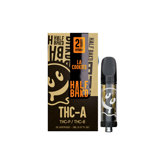 Image of a Half Bak'd THC-A Cartridge | 2g labeled "LA Cookies," containing 2 grams (0.07 fl oz). The package also mentions THC-P and THC-8, and is identified as a hybrid. Ideal for use with 510 vape batteries.